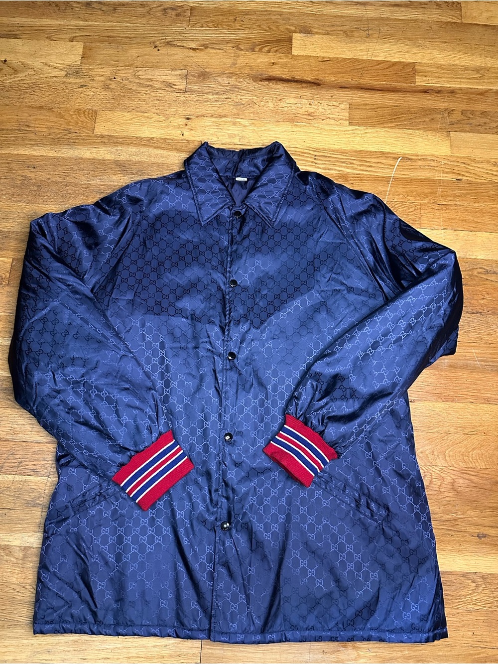 Gucci Navy Logo-Pattern Bomber Jacket with Red Stripe Cuffs